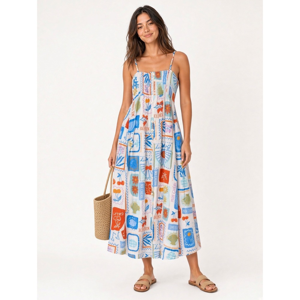 Sanya Ivory Multi Print Button-Front Sleeveless Midi Dress Vacation Cruise NWT